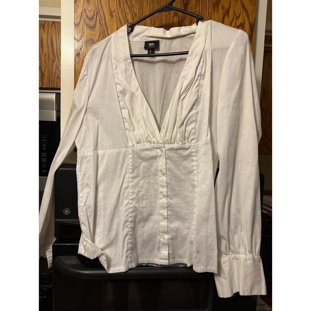 Mossimo Stretch Womens White Long Sleeve V-Neck Button Down Pleated Blouse Large